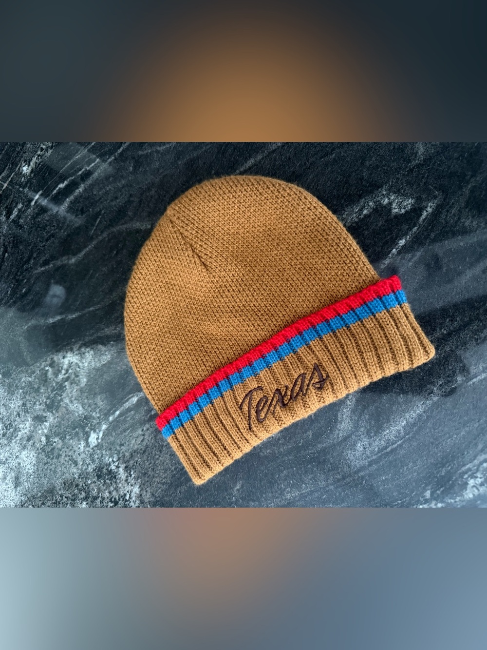 Texas Embroidered Brown Knit Beanie with Red & Blue Trim for Kids